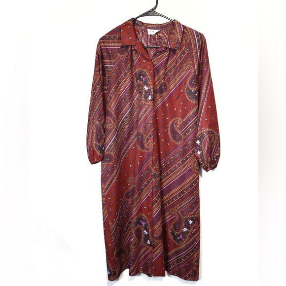 Vintage Dresses & Skirts - Vintage Maroon Paisley Semi Sheer Layering Button Down Collared Dress Size Large